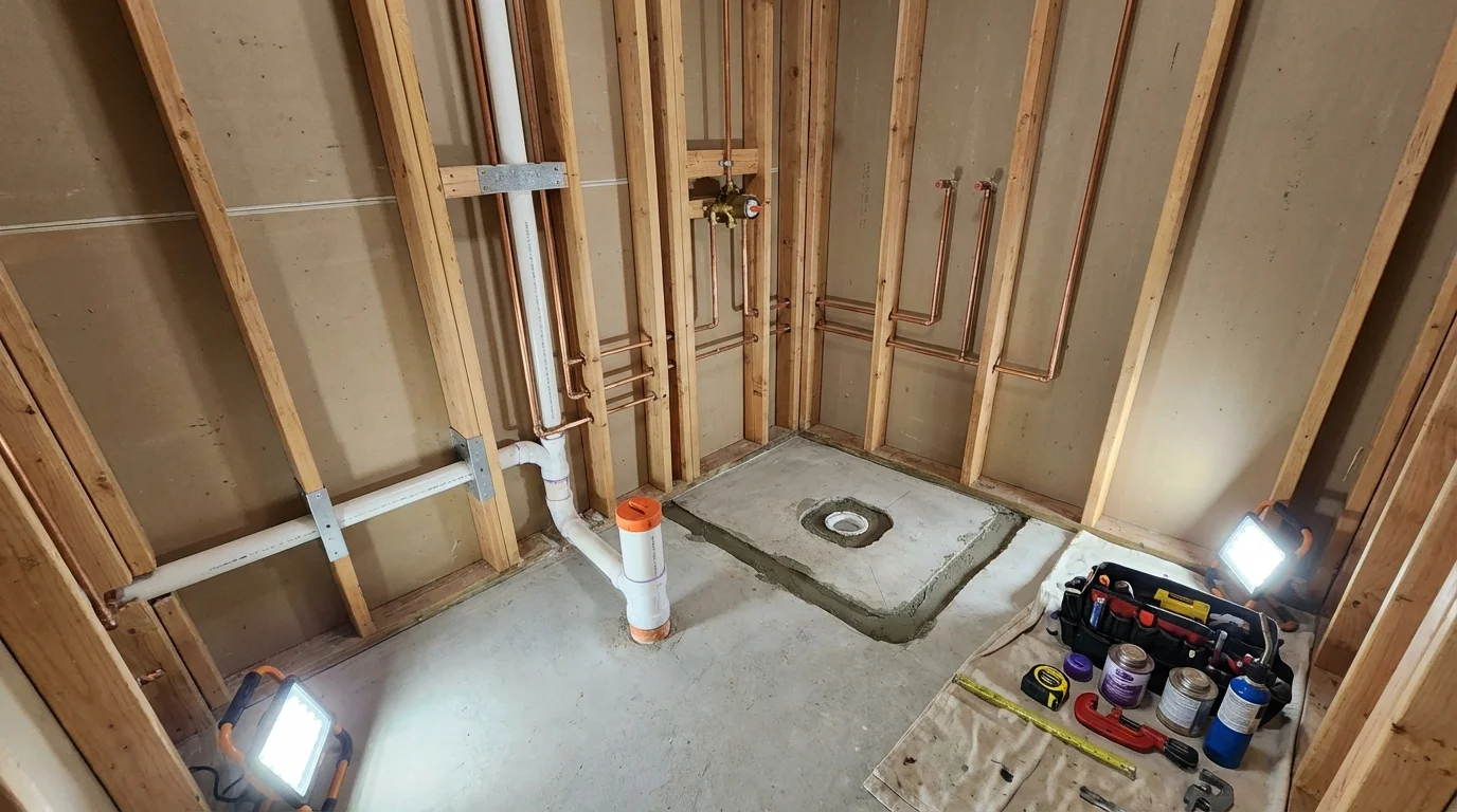 Bathroom rough-in plumbing during remodel by Johns Plumbing LLC in Jeanerette