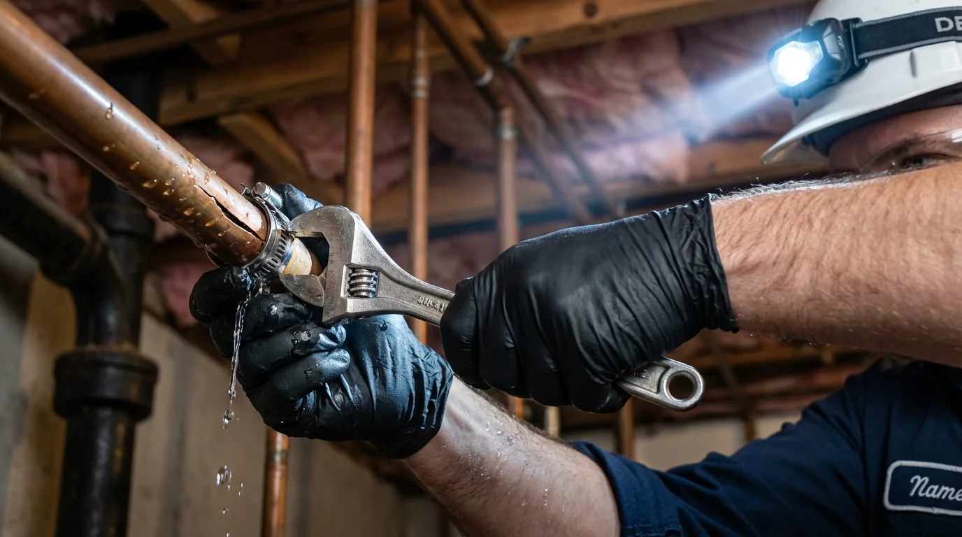 Emergency pipe clamp repair being performed by a Johns Plumbing LLC plumber in Jeanerette