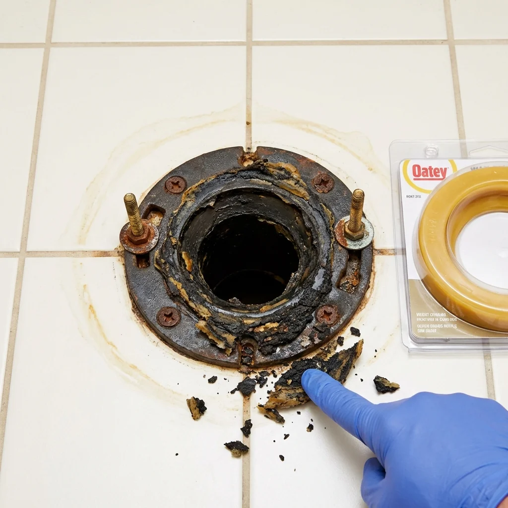 Failed wax ring showing water seepage at the base of a toilet in a Jeanerette, LA home