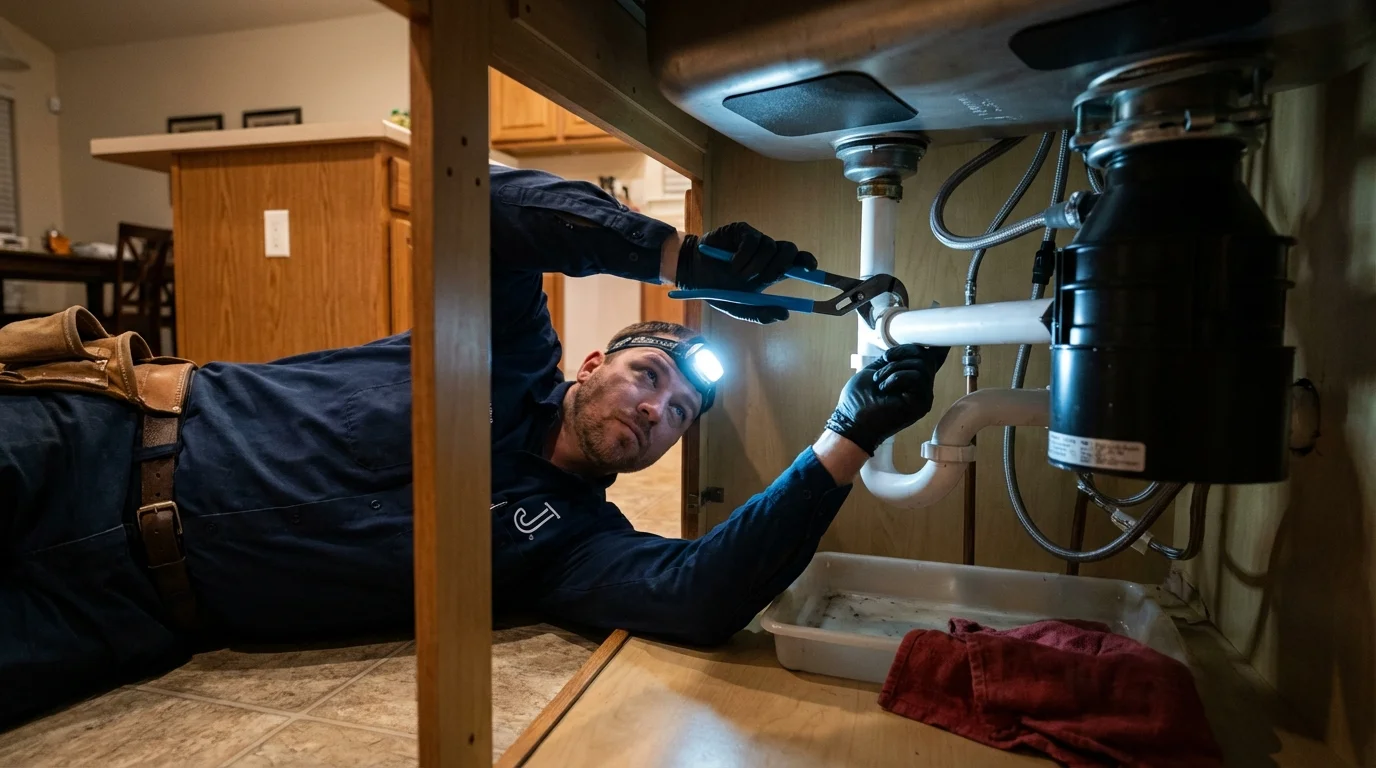 P-trap and supply line connections under a kitchen sink showing a common leak point in Jeanerette, LA